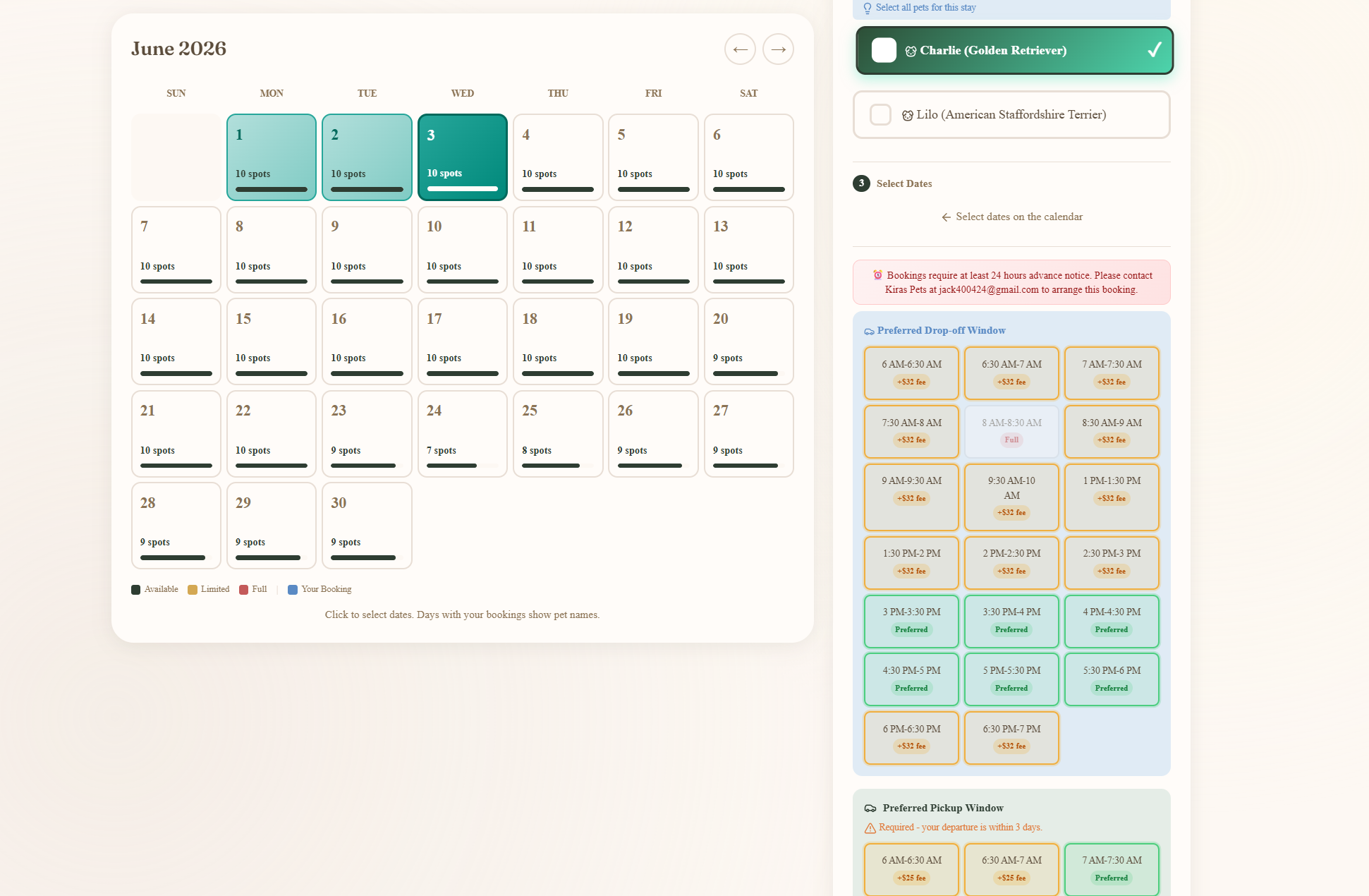 Customer booking view — month calendar on the left with available dates highlighted, pet selector and preferred drop-off and pickup window grids on the right